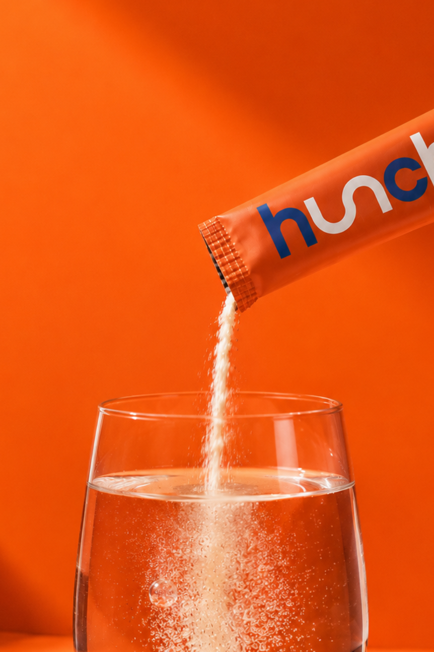 Hunch sachet being poured into a glass of water